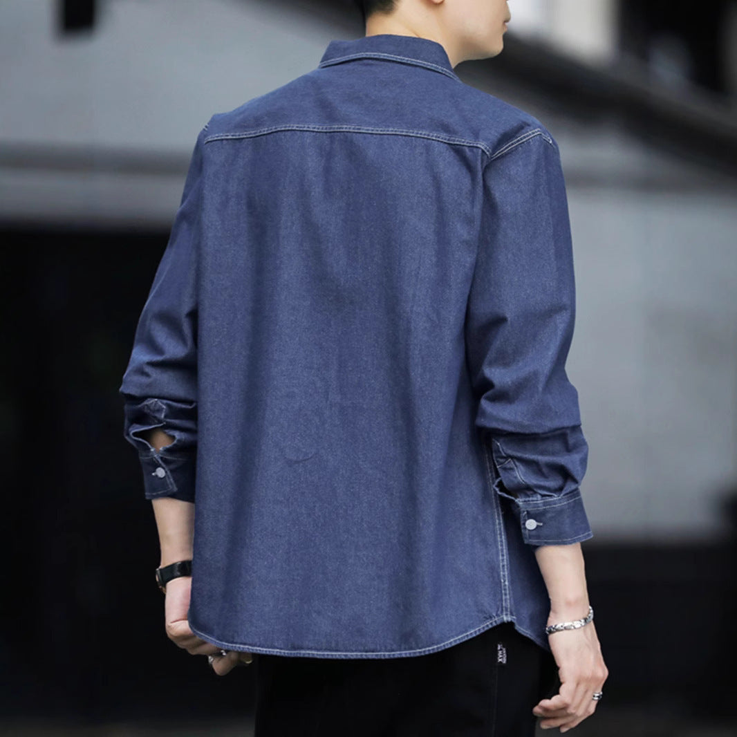 Men's Casual Denim Long Sleeve Shirt in Dark & Light Blue