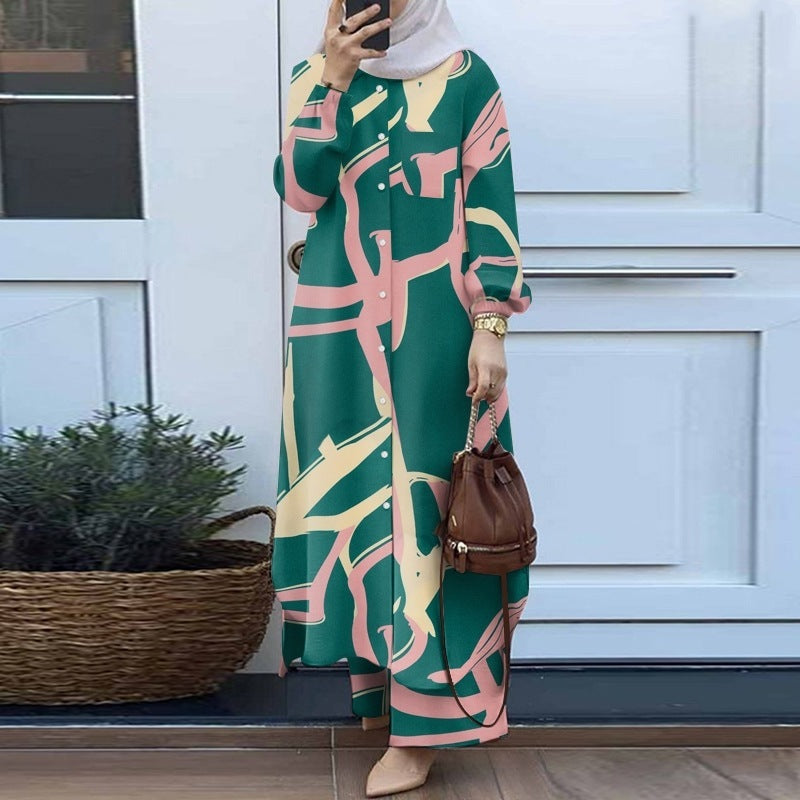 Ensemble musulman deux pièces : Chemise longue rétro et pantalon large