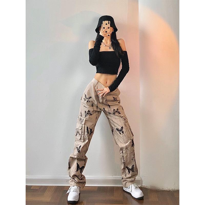 Y2K Grey Splattered Ink Tie-Dye Butterfly Tooling Pants for Women S-XL