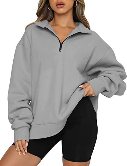 Sweat-shirt zippé femme à col rabattu – Haut pull ample et décontracté