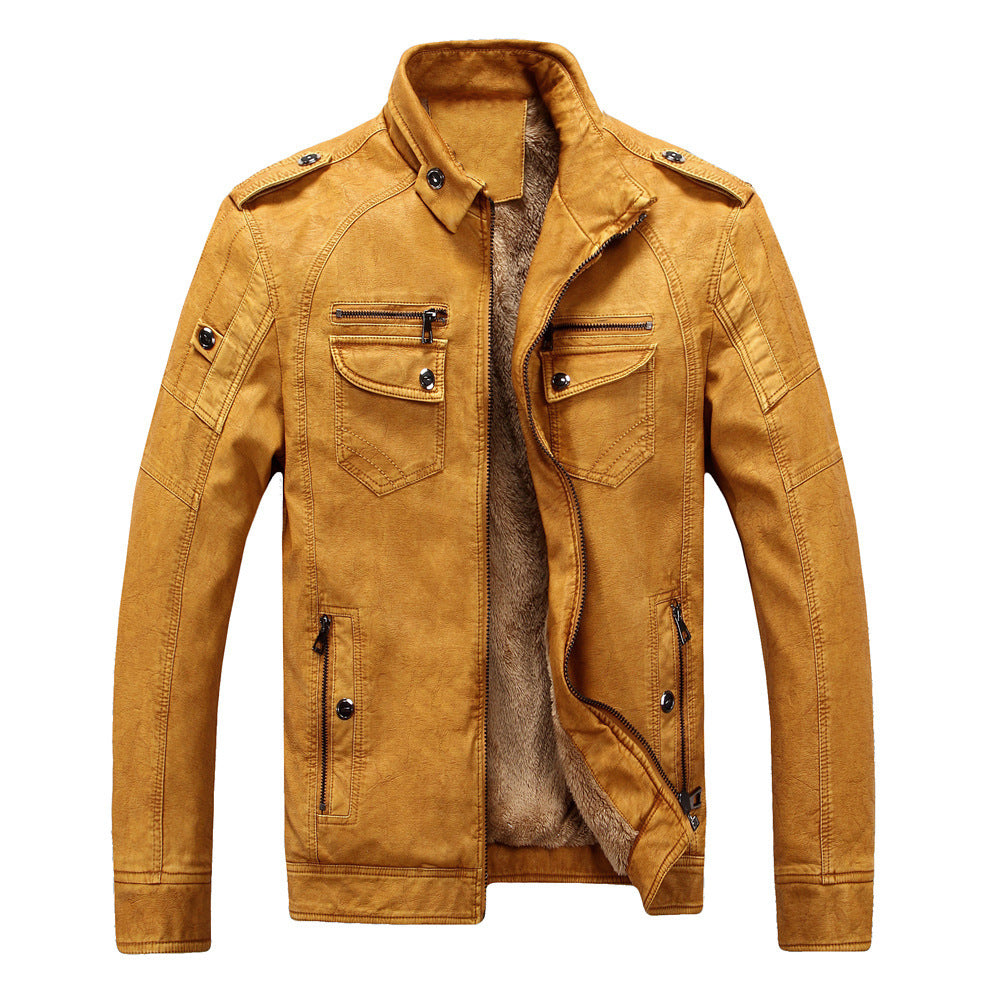 Men's Cowhide Leather Jacket with Velvet Lining Retro Washed Style