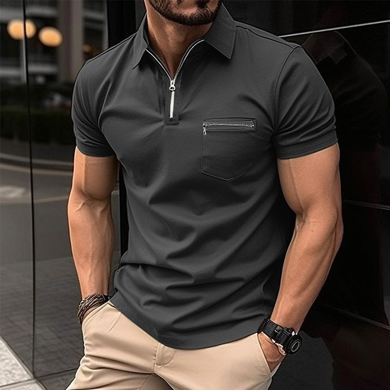 Men's Loose Fit Sports Polo Shirt with Zipper Pocket