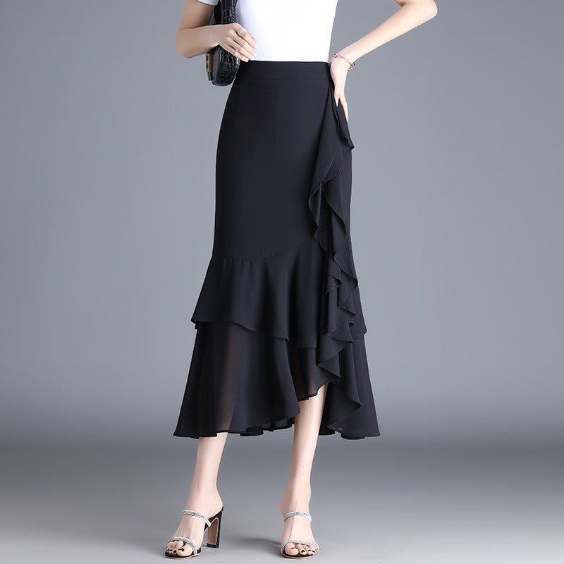 Leopard Print Ruffled Chiffon High Waist Asymmetric Skirt