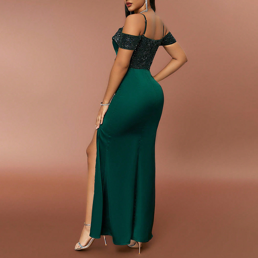 European & American Fashion Dark Green Long Sequin Dress Sleeveless