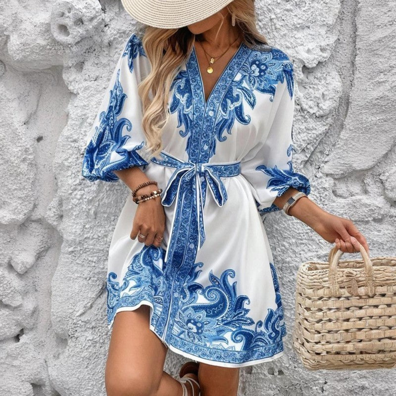 Women's Elegant V-Neck Floral Print Dress - Lantern Sleeve Wrap Waist Belted Midi Dress For Spring&Summer Vacation