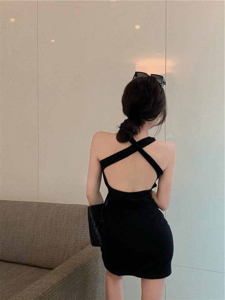 Cross Backless Halter Vest Skirt