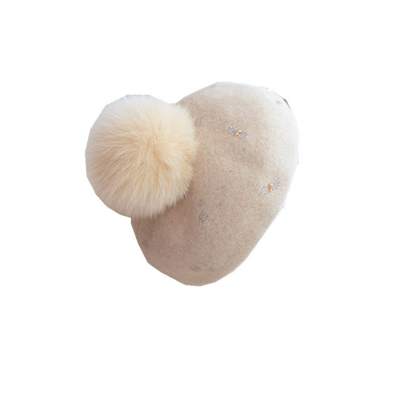 Women's Vintage Wool Dome Hat with Fox Fur Ball for Autumn Winter M 56-58cm