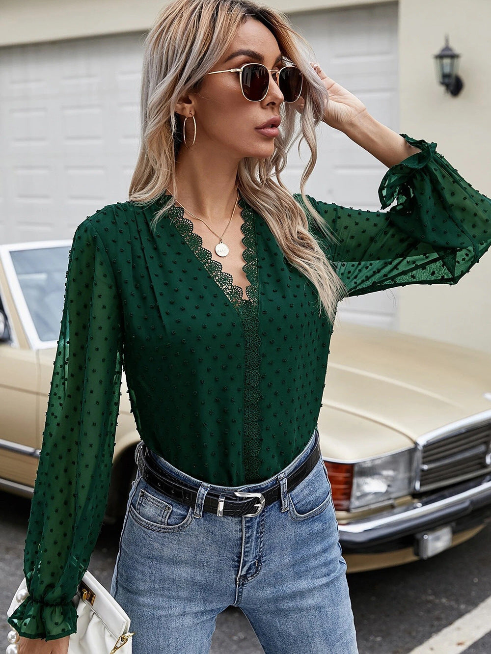 Paneled Lace VNeck Long Sleeve Dot Chiffon Shirt Top
