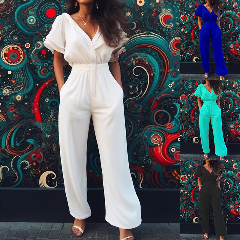 Women's Short-Sleeve V-Neck Jumpsuit in Black, White, Blue & Green