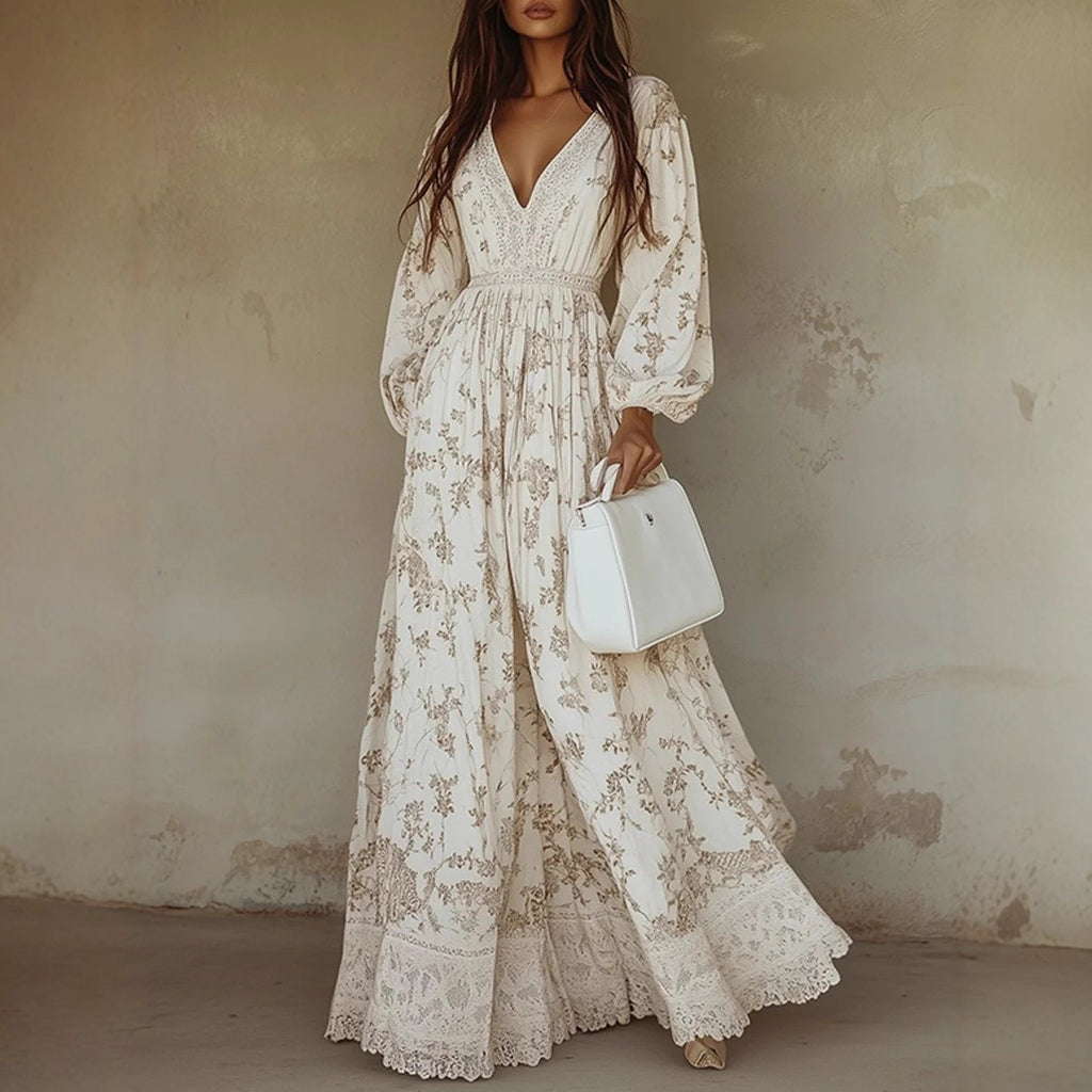 Robe longue à imprimé et dentelle de style occidental, manches longues pour l'automne-hiver
