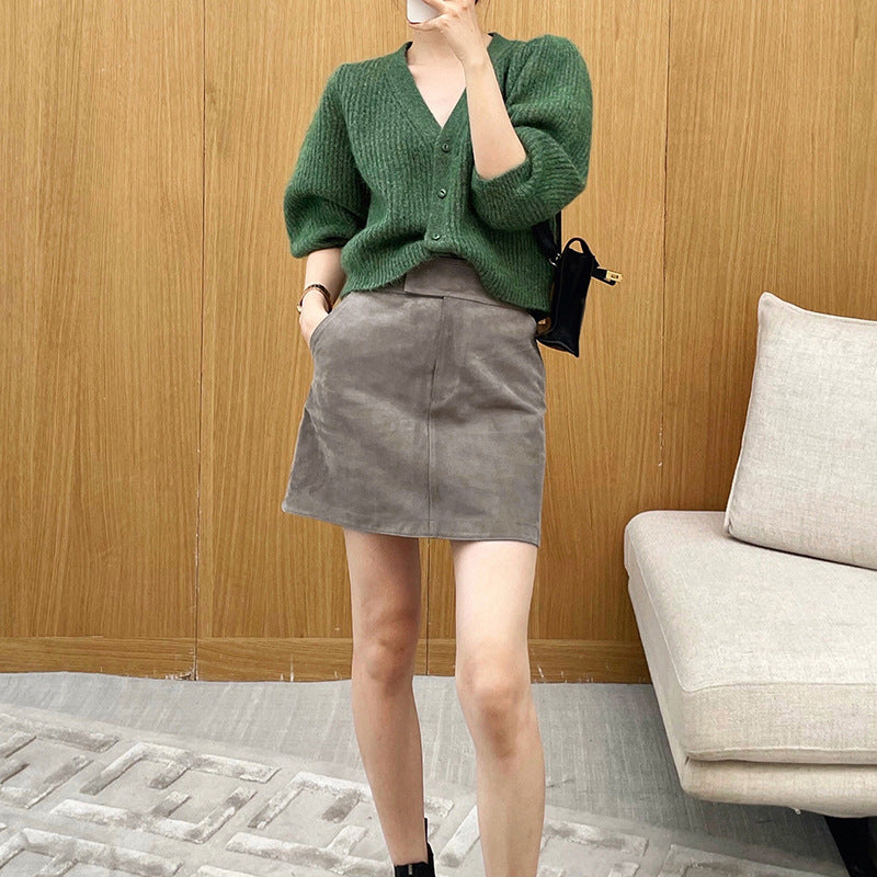 Genuine Leather High Waist Sheath Skirt for Spring and Autumn