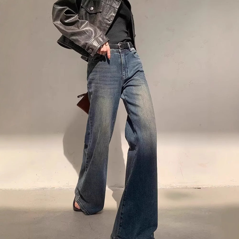 Jeans micro-pull taille haute rétro femme bleu délavé