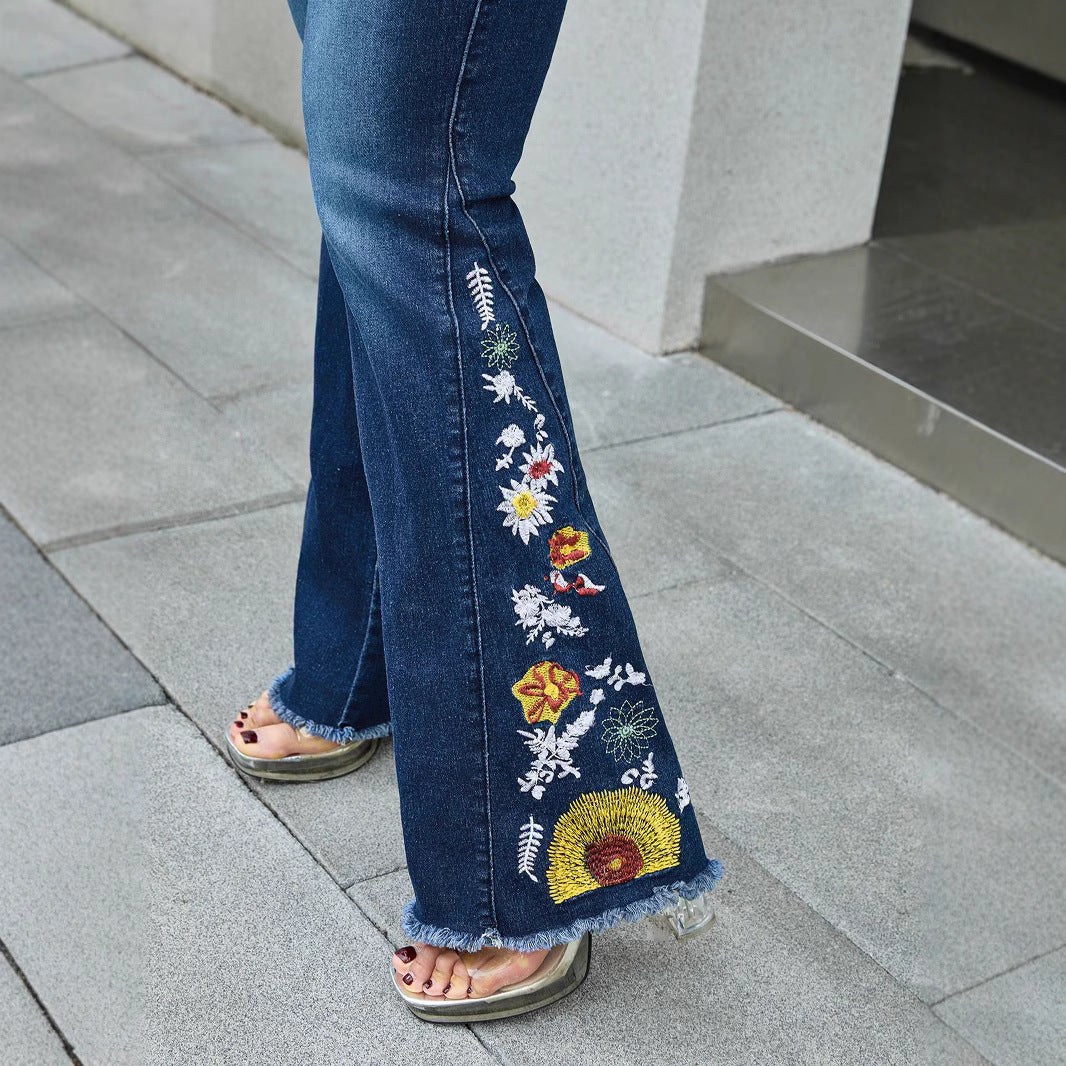 High Elasticity Dark Blue Denim Jeans with Foot Stitching Embroidery and Frayed Hem
