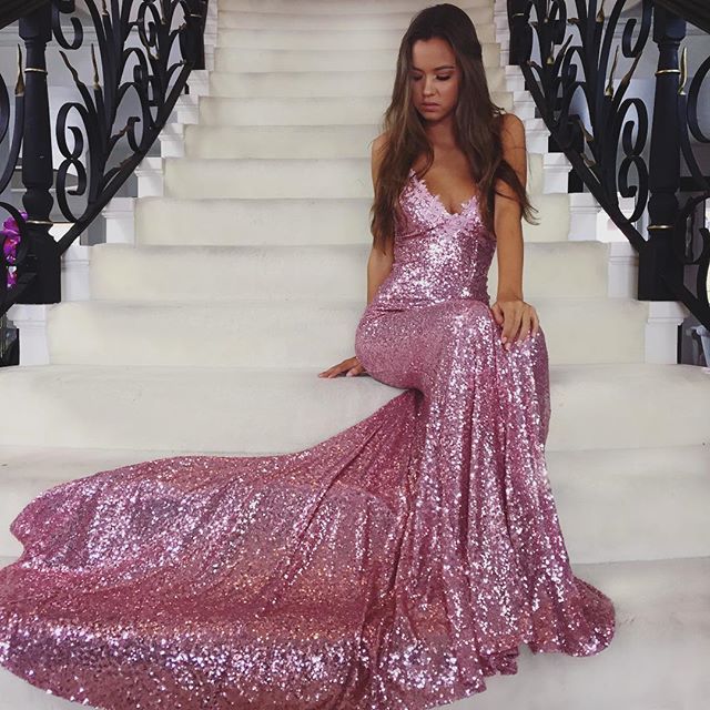 فستان سهرة بذيل سمكة ضيق برقبة رسن وترتر باللون الوردي والأحمر مثير S-XXL
