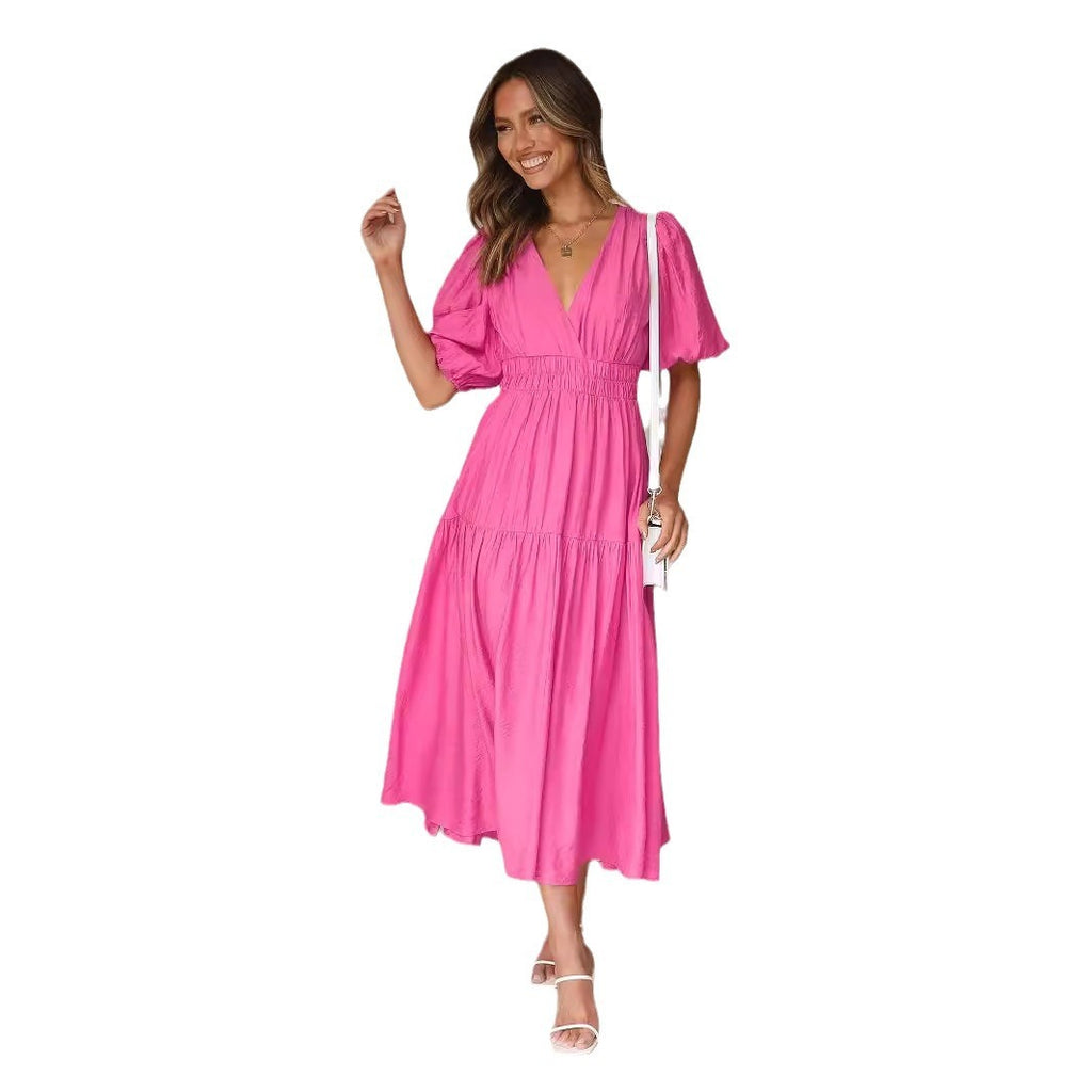 Deep V Puff Sleeve High Waist Flounced Dress for Women