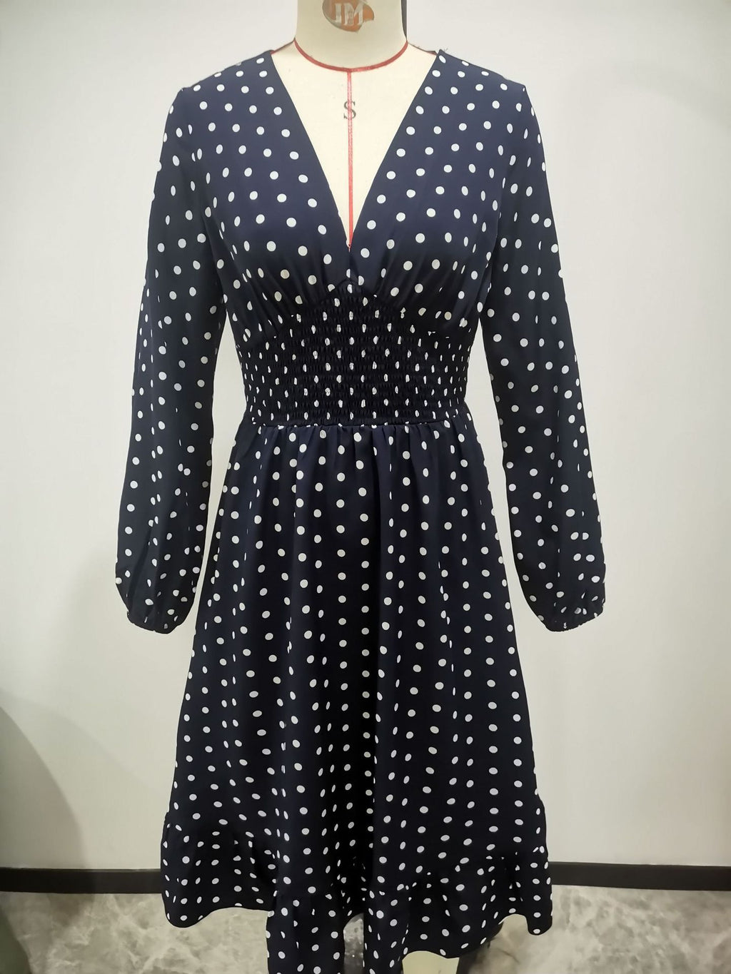 European & American Waist Slimming Polka Dot Long Sleeve Dress