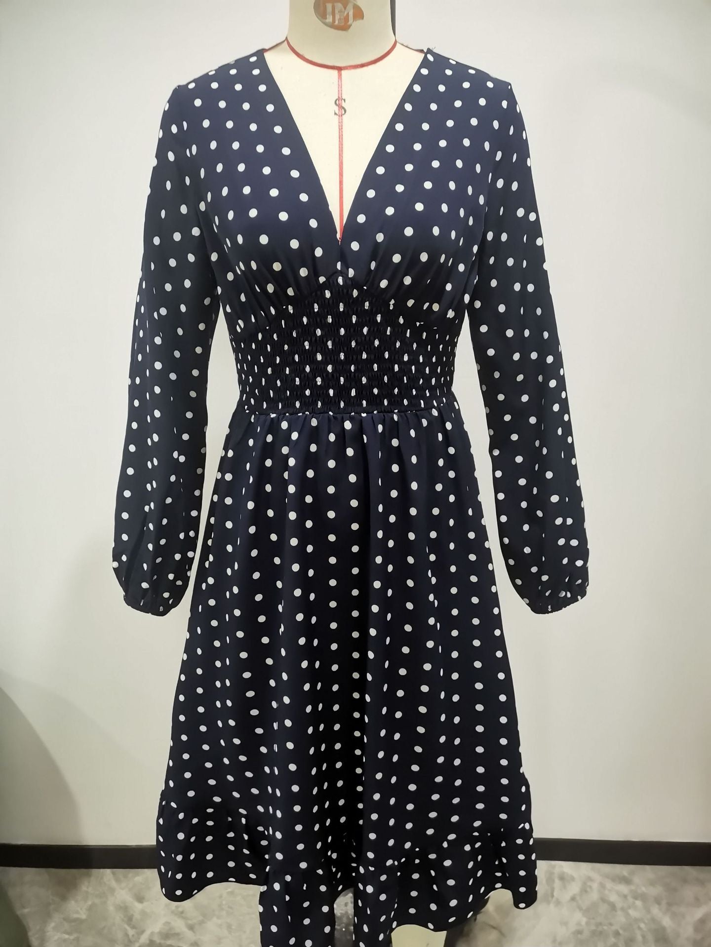 European & American Waist Slimming Polka Dot Long Sleeve Dress
