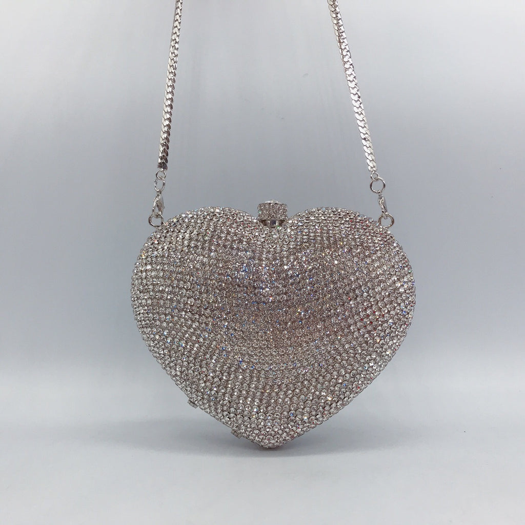 Sac de Soirée Diamant Cœur avec Anse à Main, Sac à Bandoulière Rigide en Métal 14x12x5", Rouge Noir Rose Or Argent