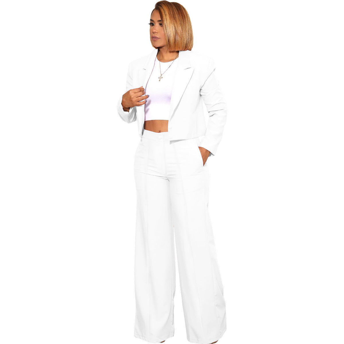Women's Solid Color Breasted Suit Short Coat Wide Leg Trousers Two-piece Set