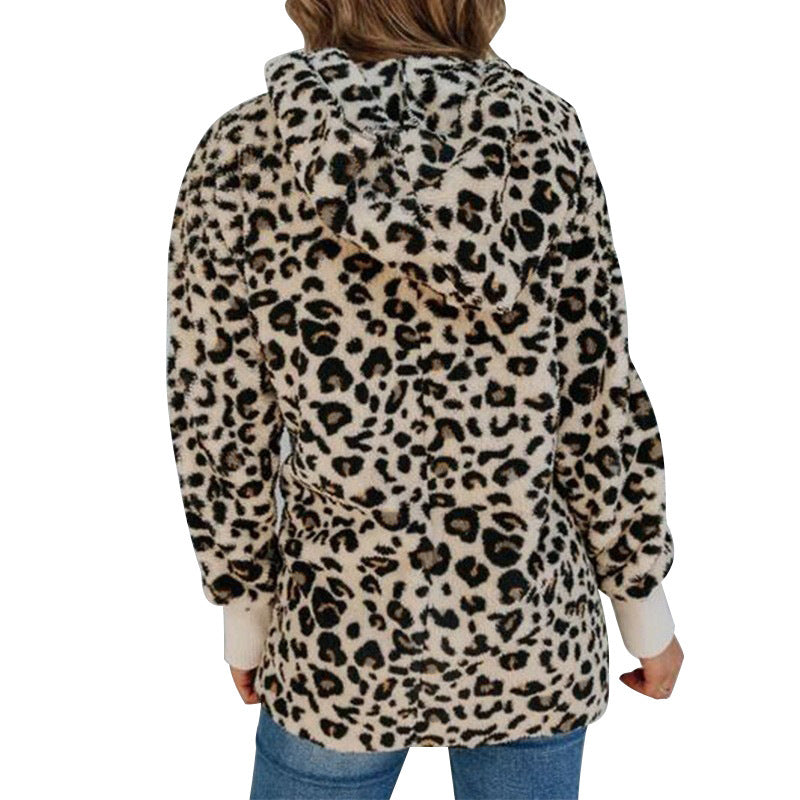 Women's Slim Leopard Print Hooded Coat Polyester