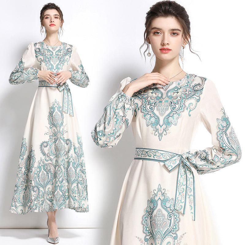 Robe trapèze imprimée à manches longues et col rond pour femme