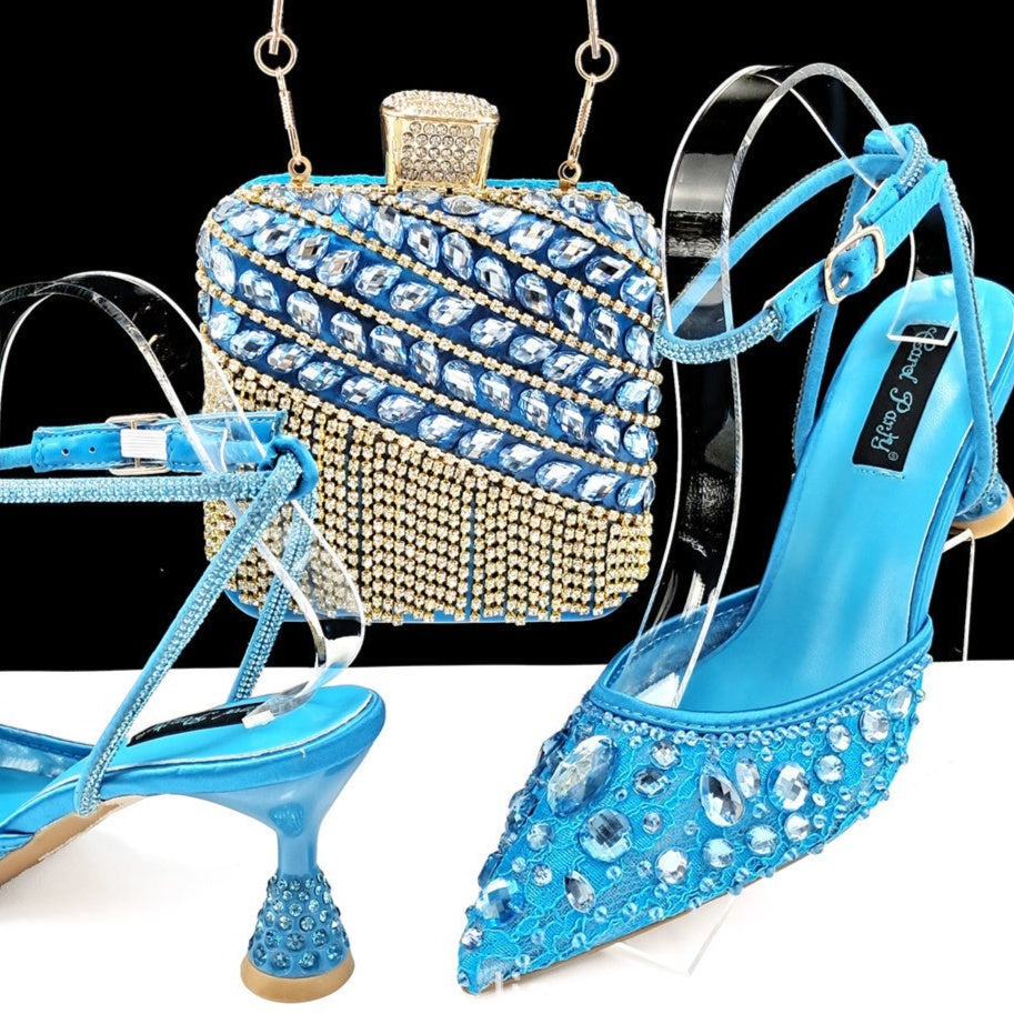 Ensemble de sandales à talons hauts et de sac à main à pompon 3D avec grands strass