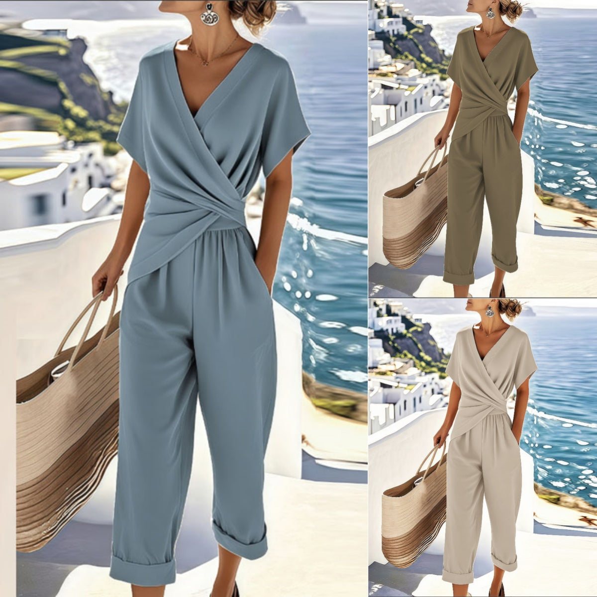 Women's Two-Piece Summer Suit Set Solid Color Irregular Short Sleeve