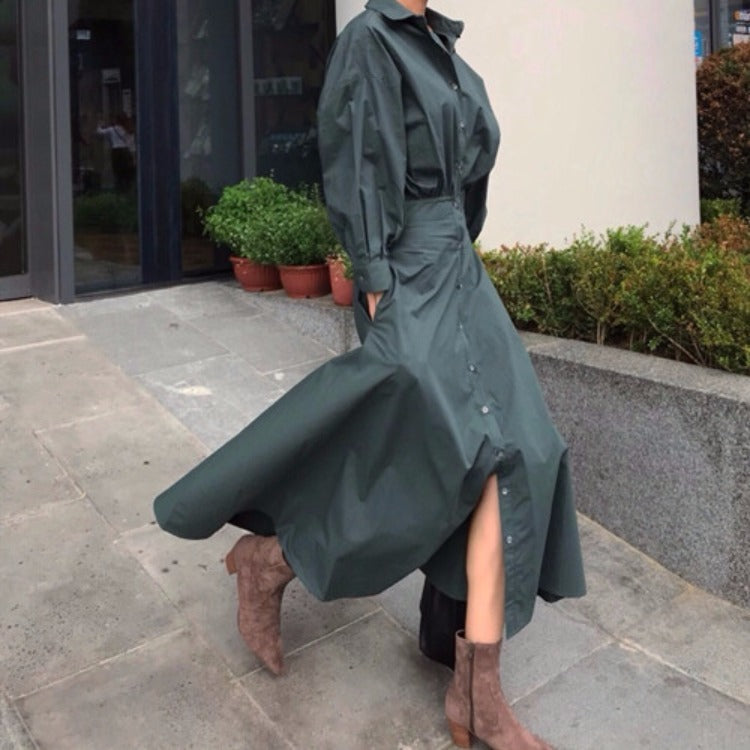 Cotton Lapel Shirt Style Slim Waist Long Dress