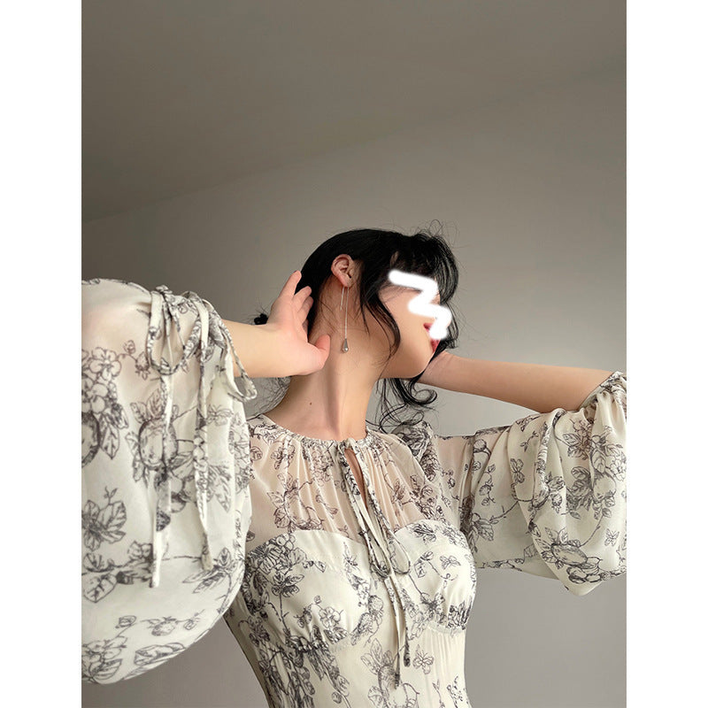 Evening Fragrance French Dress Chiffon Waist Print