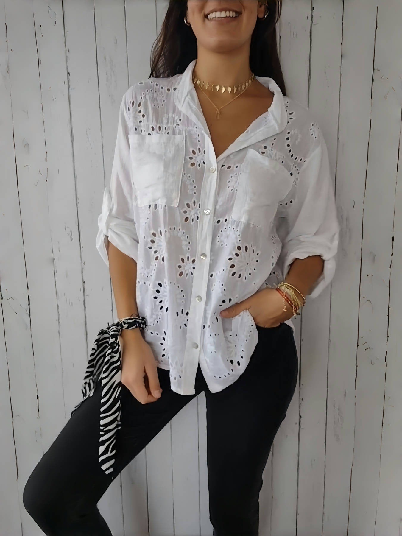 Women's Casual Long Sleeve Button-Down Shirt with Hollow-Out Pockets