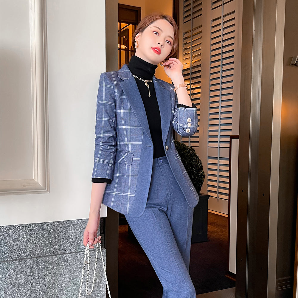 Ensemble deux pièces treillis bleu et lie de vin élégant pour femme