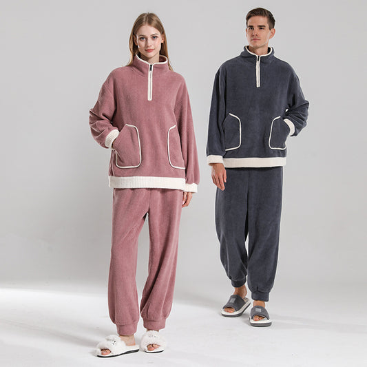 Waxberry Velvet Warm Couple Pajamas in Rose Red & Navy Blue