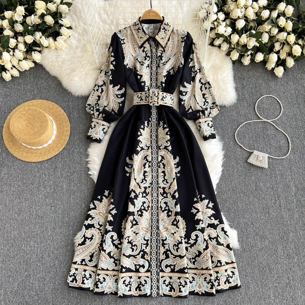 Retro Paisley French Waist Dress for Ramadan Nights in Black, Blue, Khaki