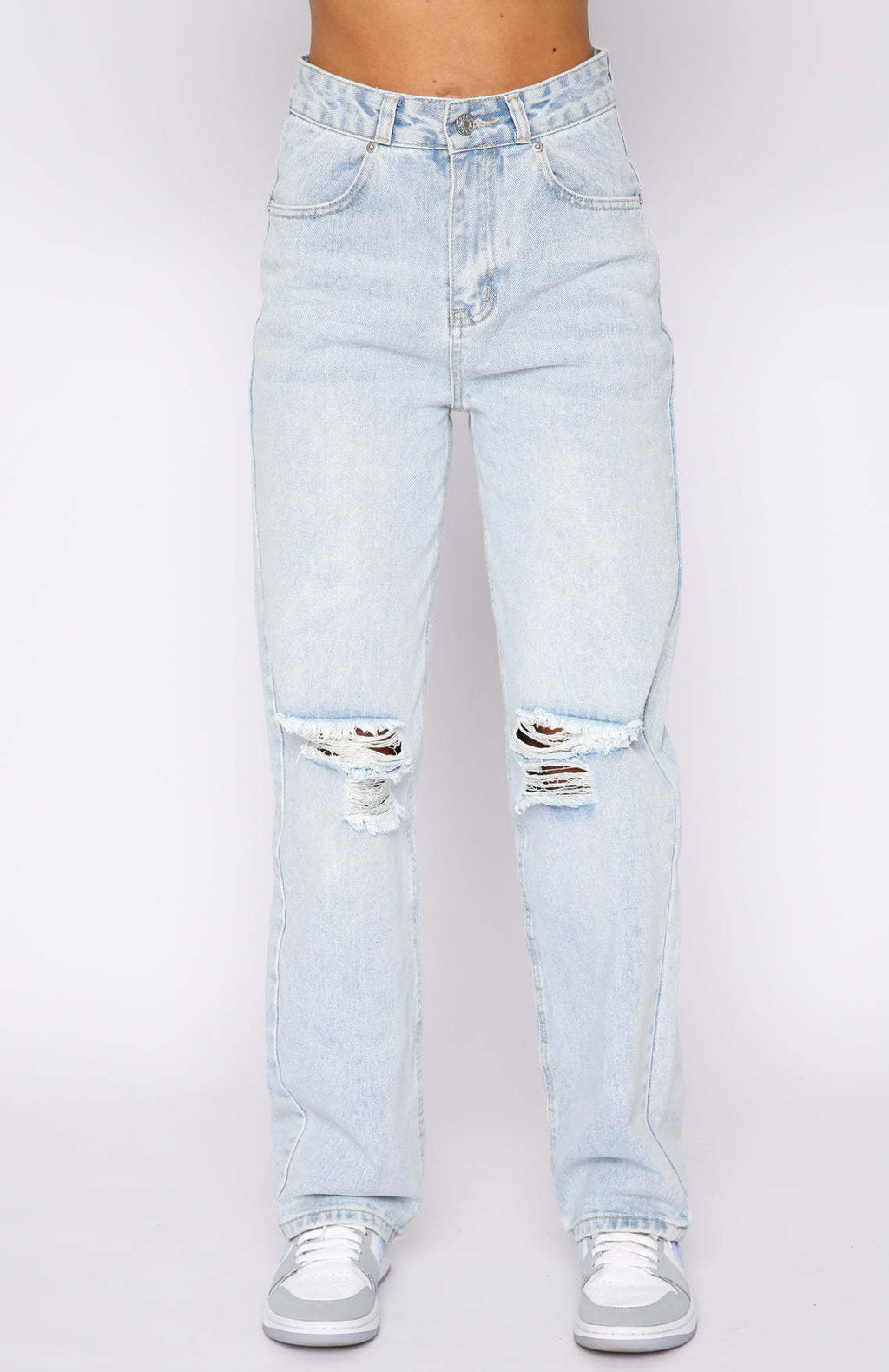 Solid Straight High Waist Denim Trousers