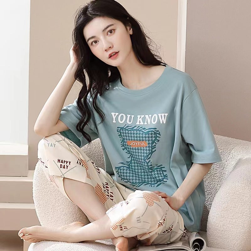 Women's Plus Size Short Sleeve Cropped Pajama Set Homewear