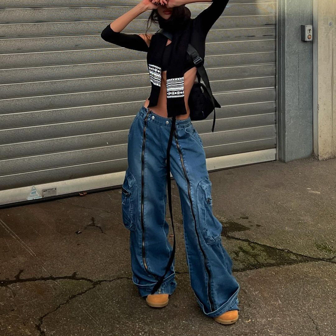 Women's Low Waist Wide Leg Denim Jeans with Zipper - Blue, S-L