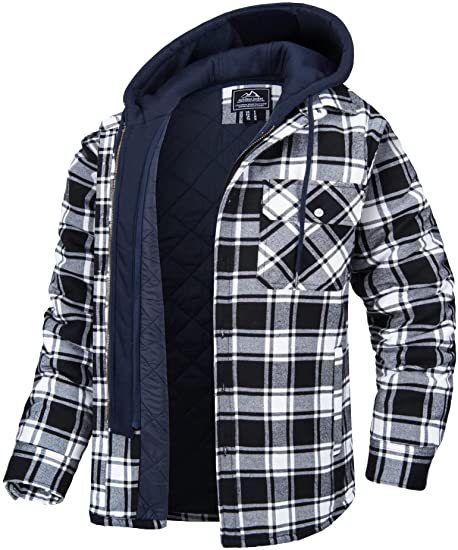 Men's Plaid Hooded Winter Coat Thick Padded Button Zip-Up Jacket Casual Outerwear
