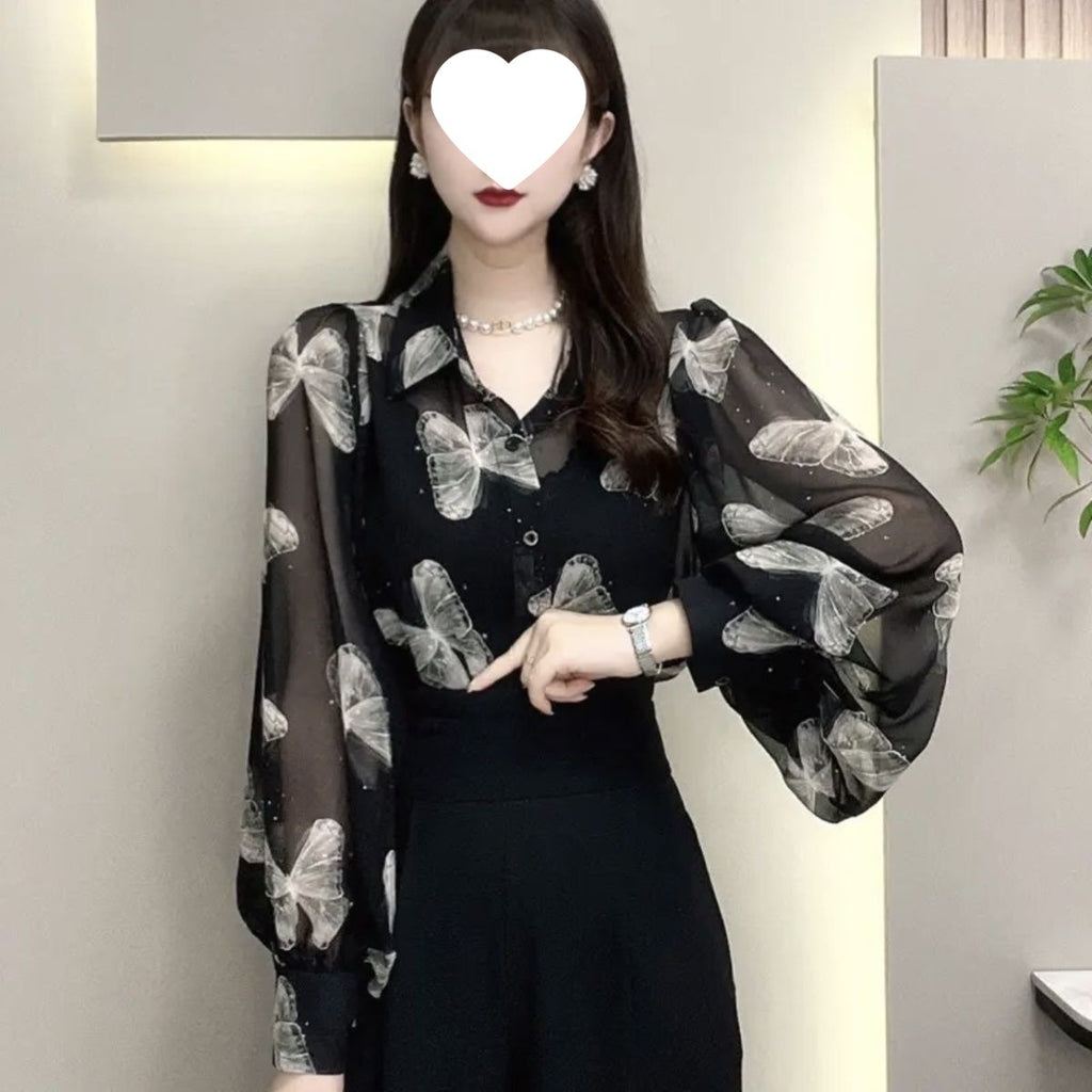 Chemise ajustée élégante en polyester élasthanne noir imprimé papillons