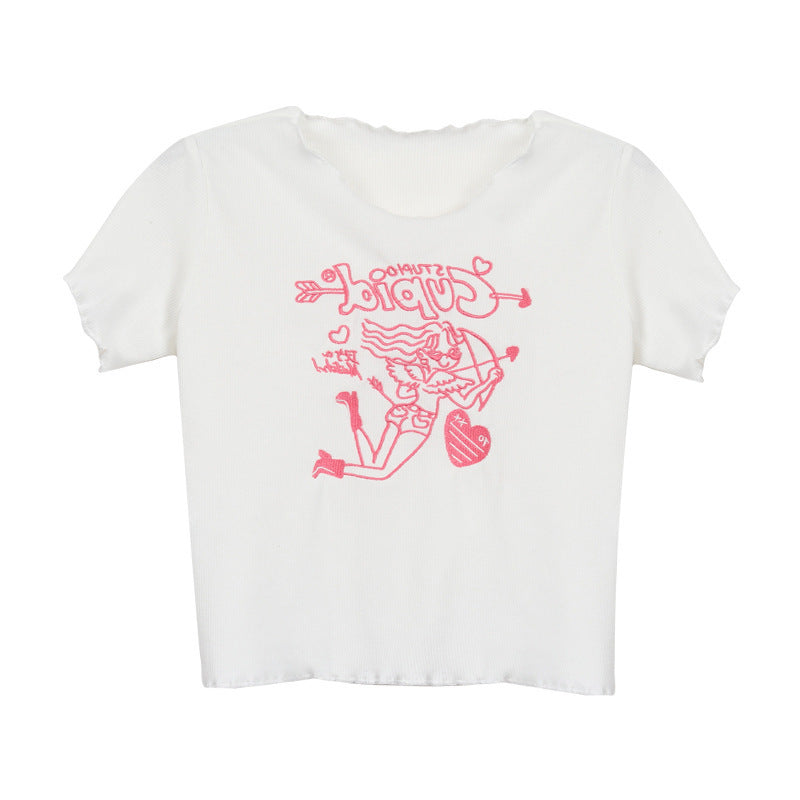 T-shirt court brodé blanc pour femme, ventre nu, en soie de lait et polyester