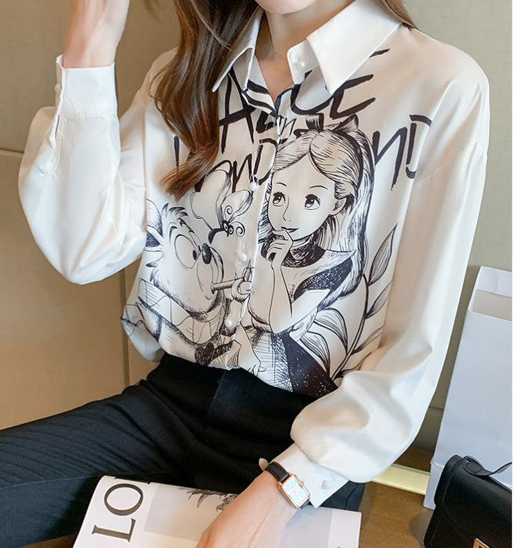 Women's White Printed Loose Chiffon Shirt Top