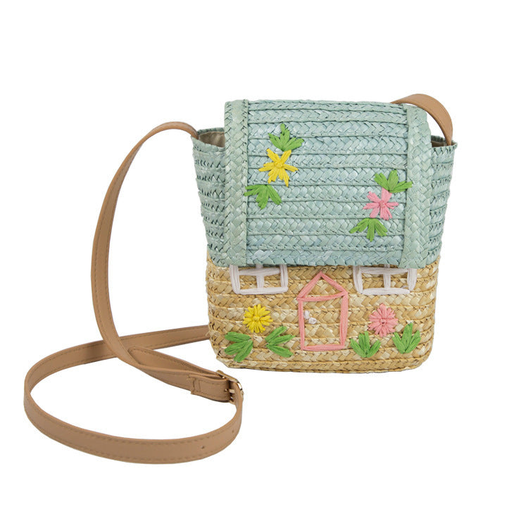 Children's Handmade Straw Bag with Cute House Embroidery 17x15x8cm