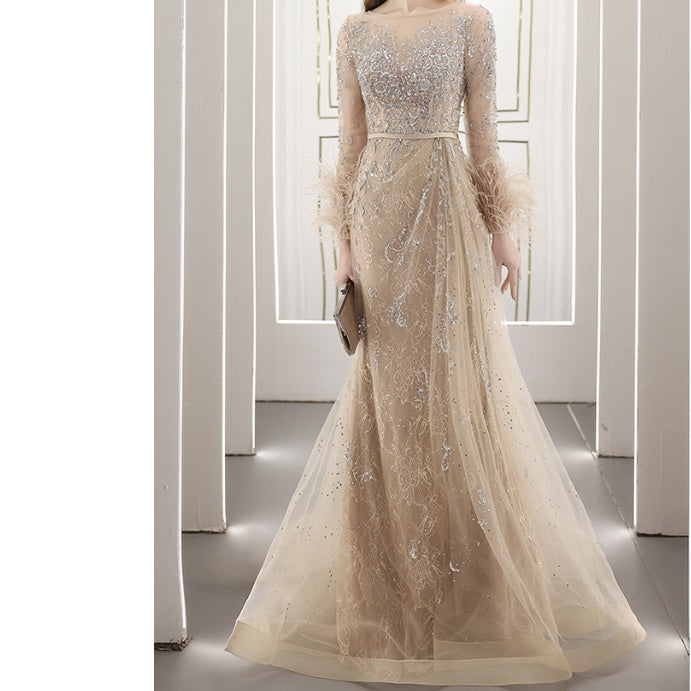 Diamond-Encrusted Long Evening Dress with Zipper and U-Neck