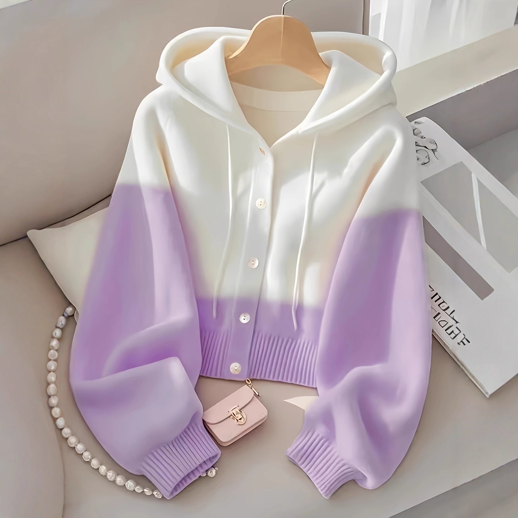 Patchwork Hooded Knitted Top High-Grade Lazy Cardigan