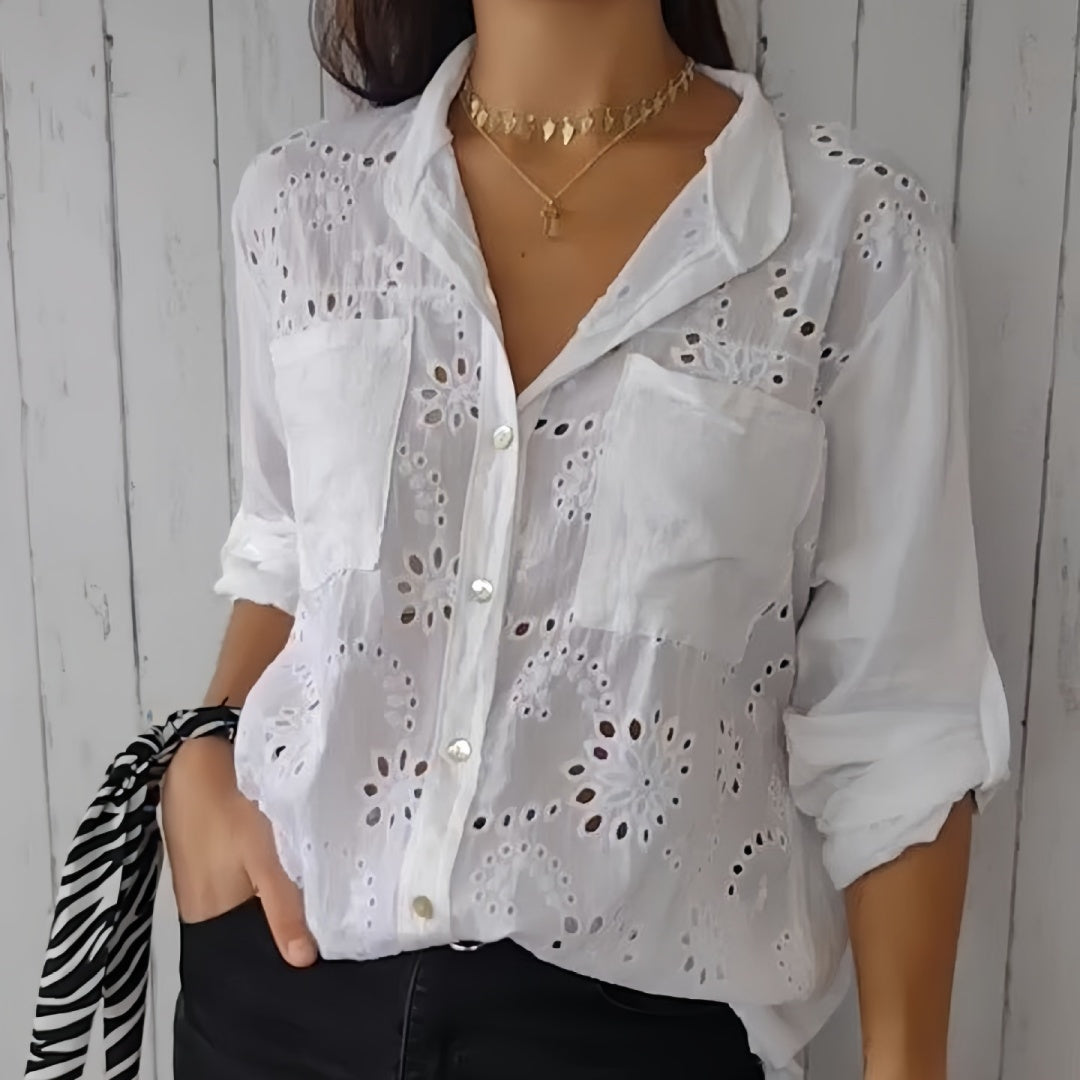 Women's Casual Long Sleeve Button-Down Shirt with Hollow-Out Pockets