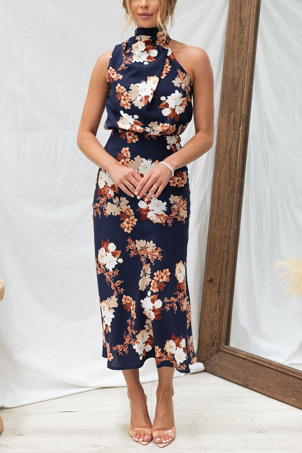 Robe en satin sans manches à taille haute et col licou avec imprimé floral pour femme