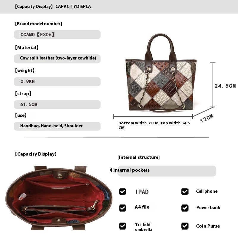Sac à main pour femme en cuir véritable de luxe léger à carreaux de haute qualité avec contraste de couleurs