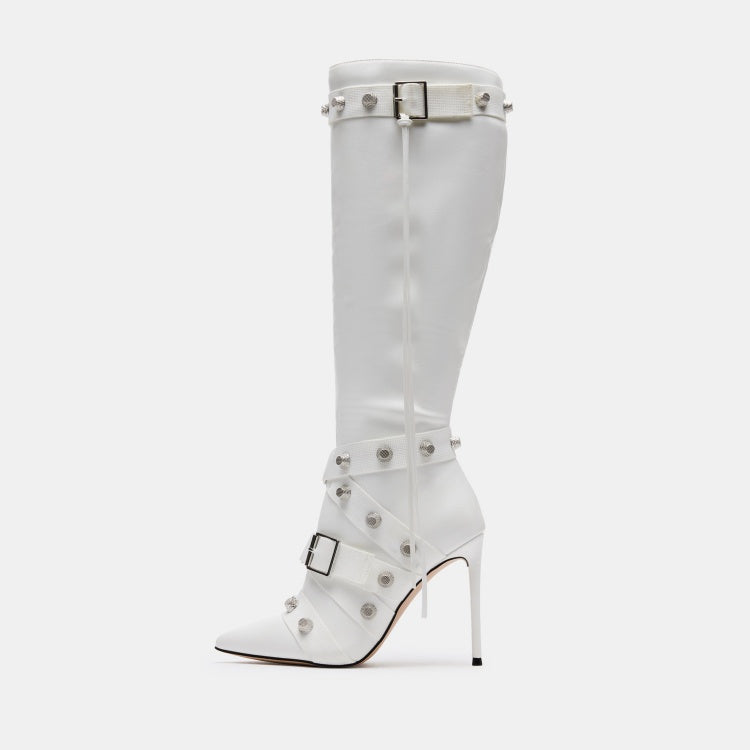 Metal Leather Pointed Stiletto Heel High Leg Boot with Rivets