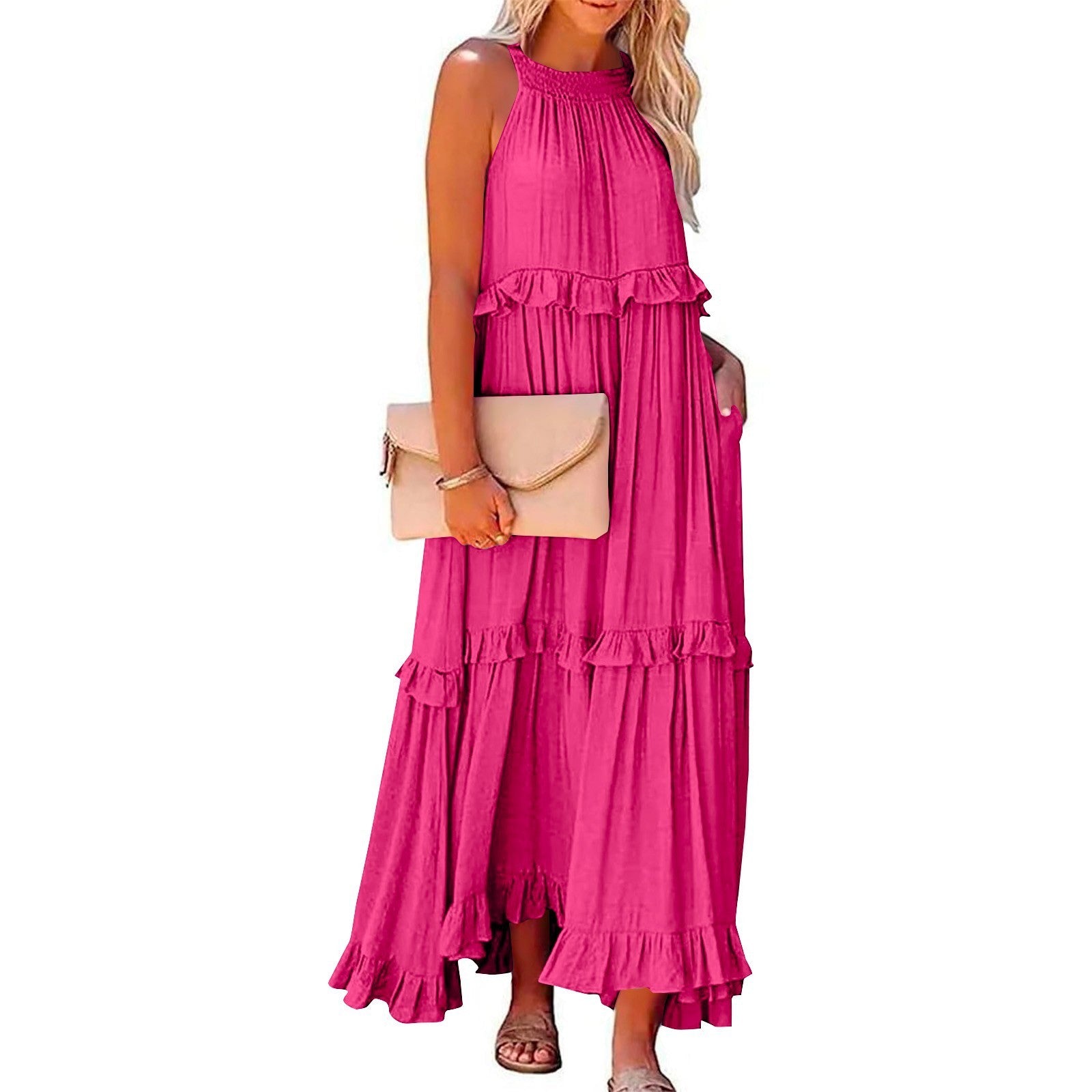 Robe longue d'été à volants, dos nu, col halter, pour femmes