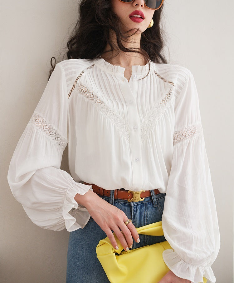 White Patchwork French Style Shirt with Lantern Sleeves