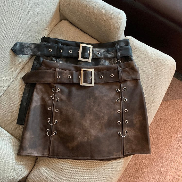 Maillard American Tie-Dyed PU Leather A-Line Skirt for Women